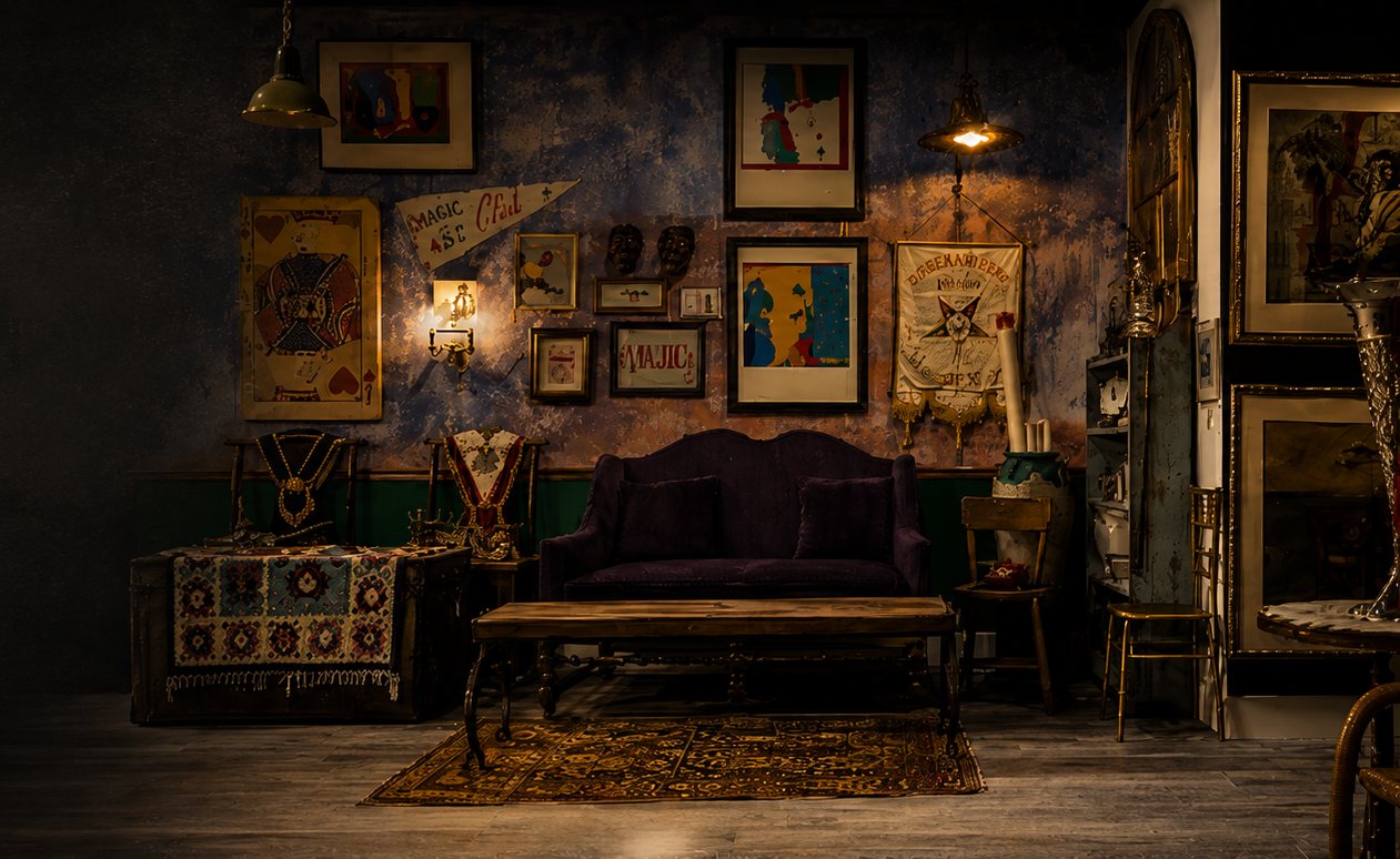 Inside House 2106: a purple velvet settee under a wall of framed art and a hand-lettered Magic banner, a trunk draped in a kilim, a low wooden table on a gold rug.